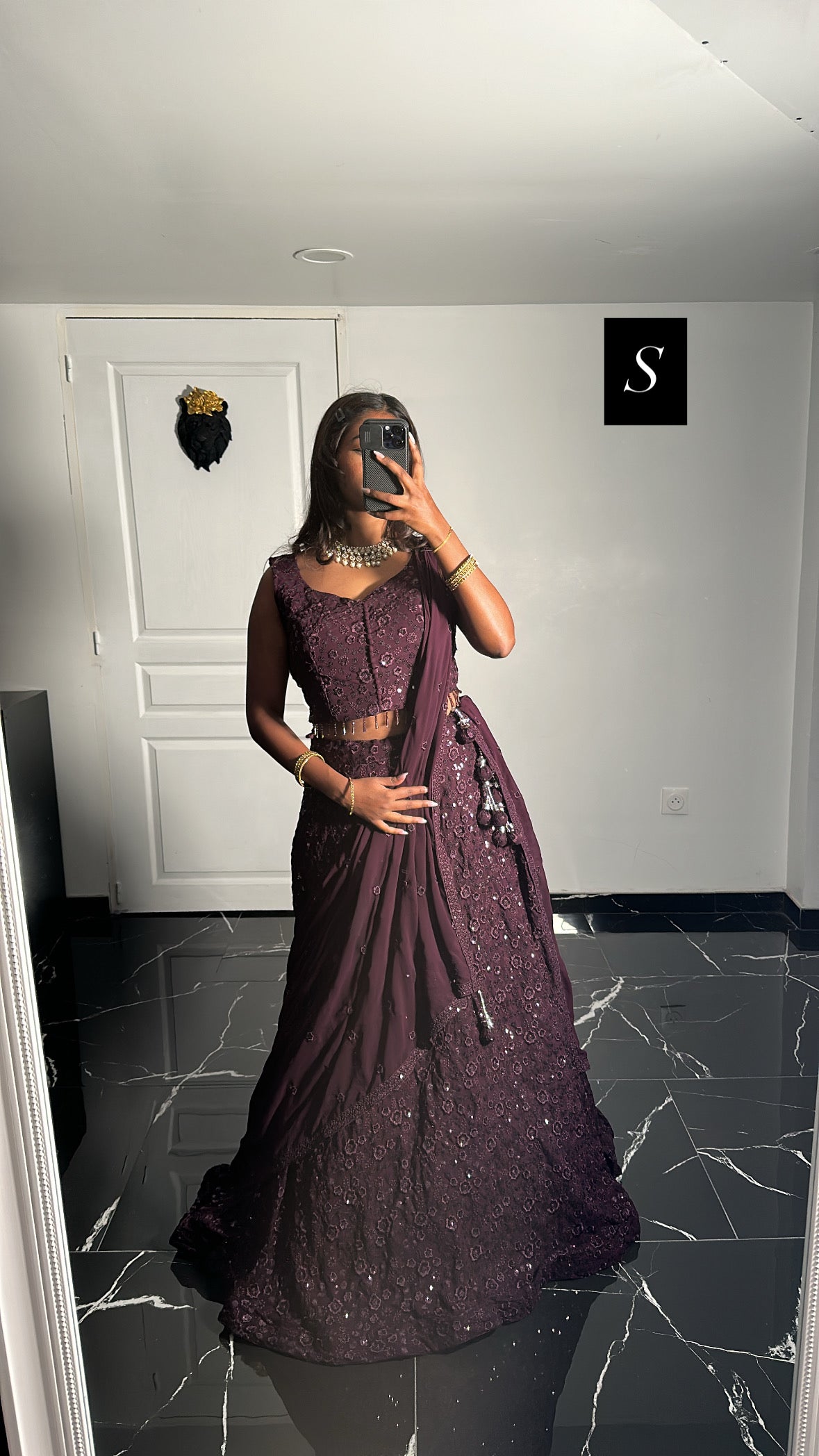 Lehenga prune brodé