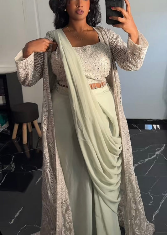 Saree vert pastel + gilet