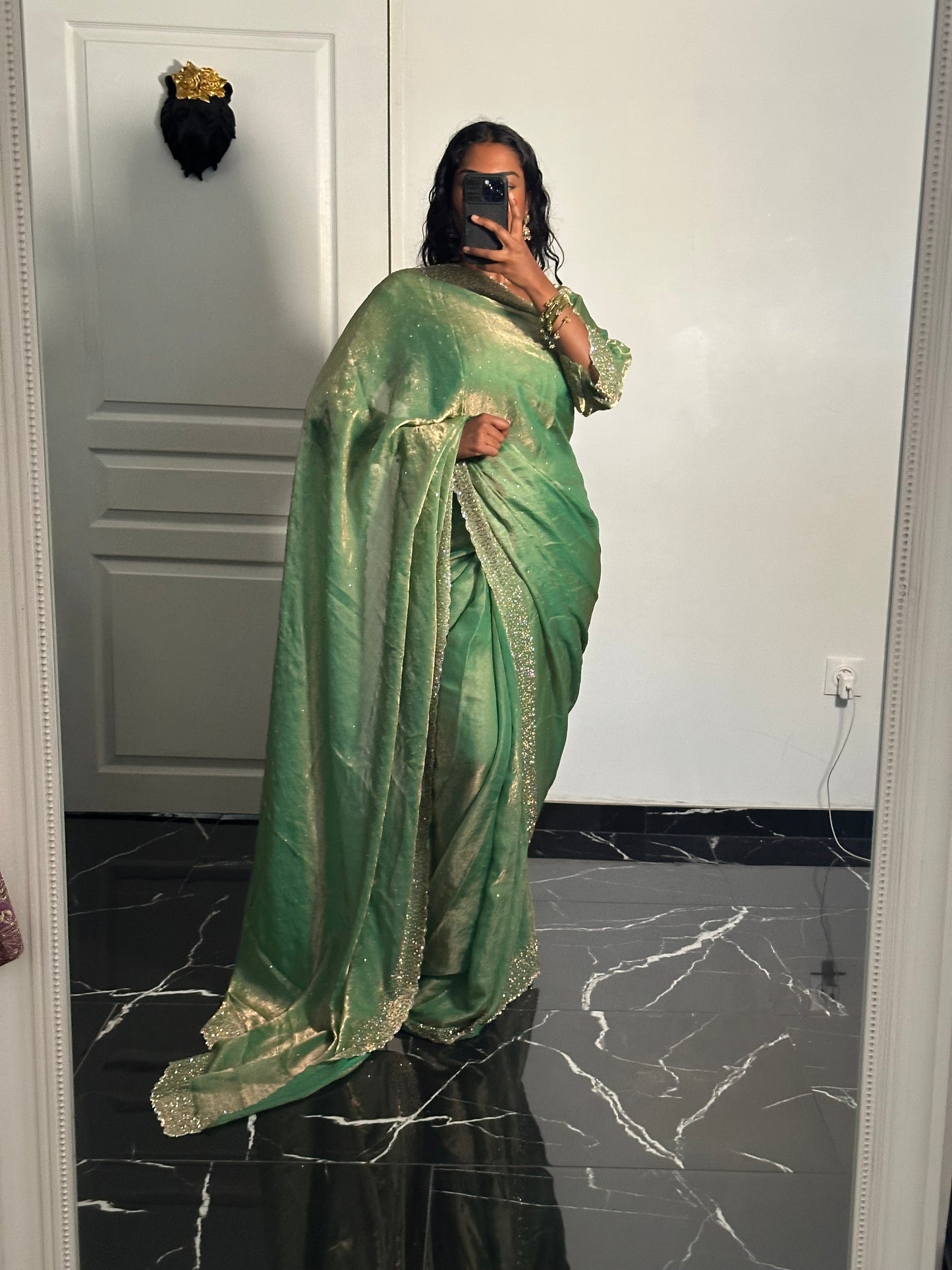 One minute saree vert jade à reflet