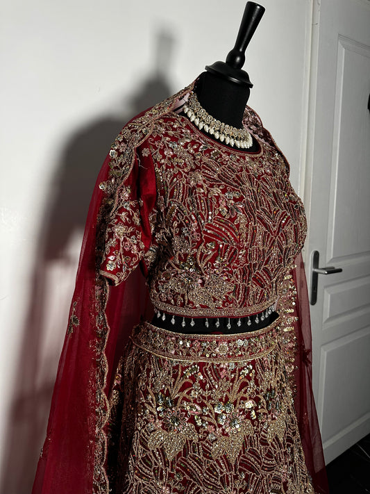 Lehenga 3 pièces bordeaux brodé