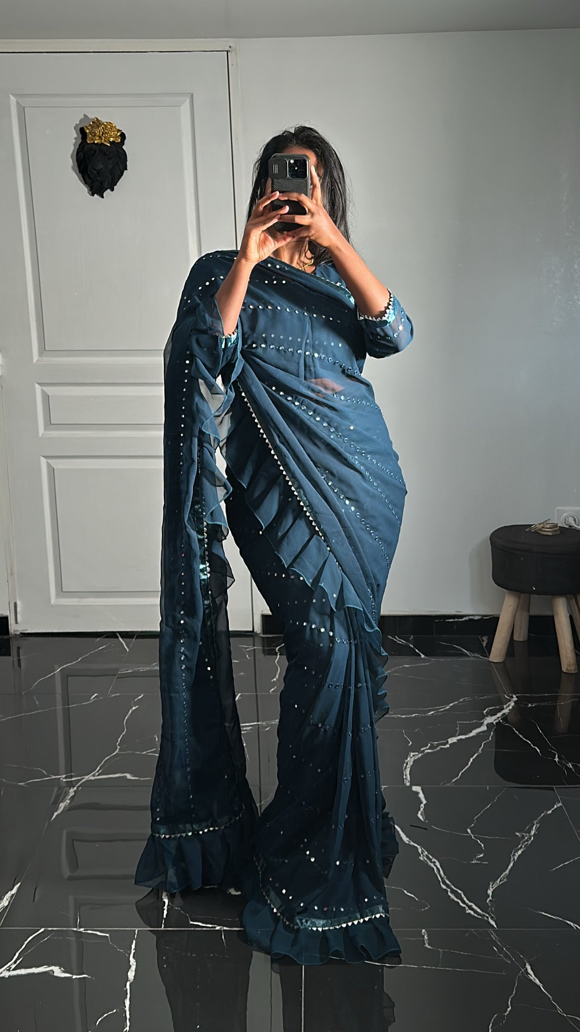 One minute Saree a volant bleu