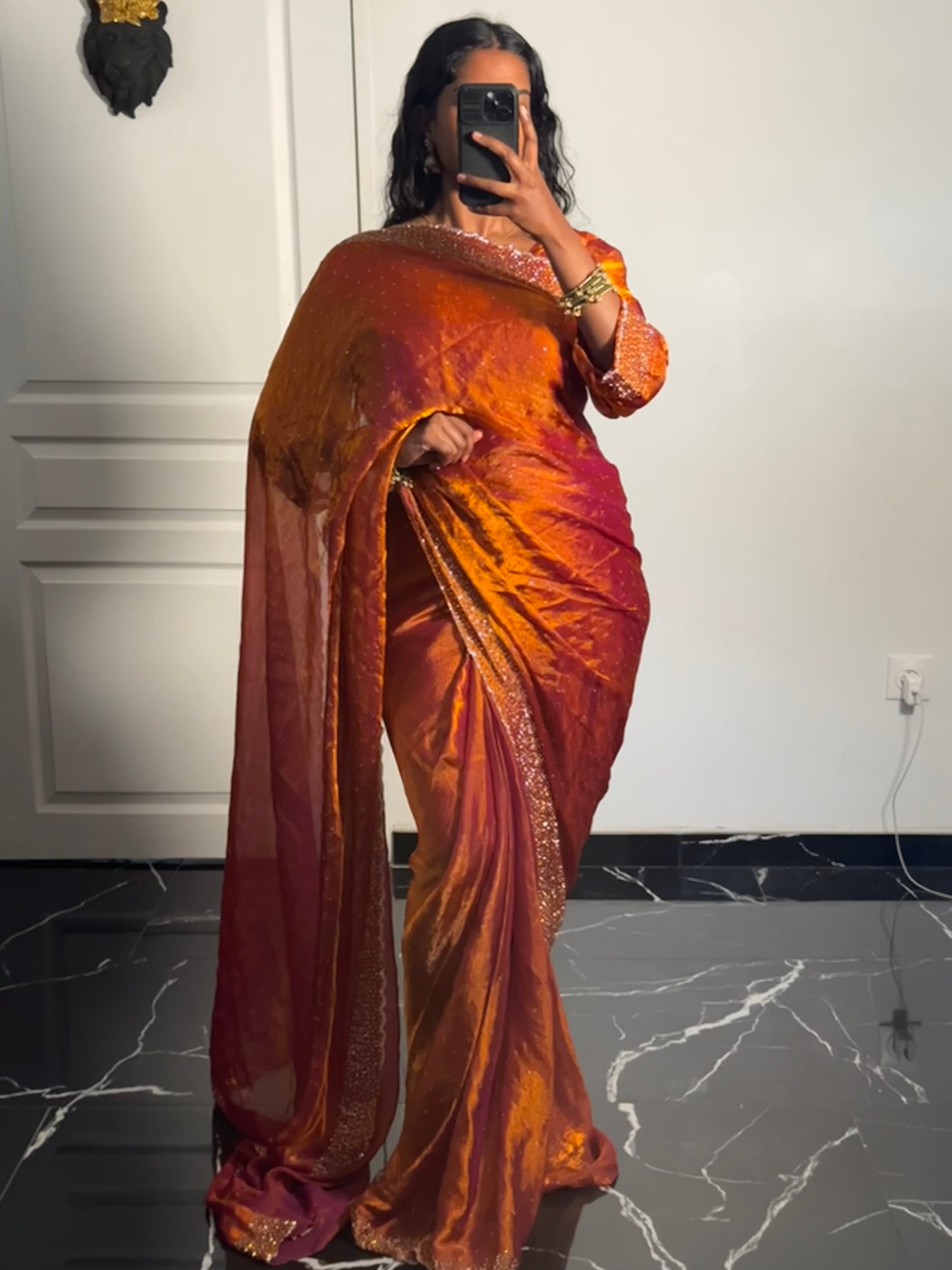 One minute saree orange reflet violet