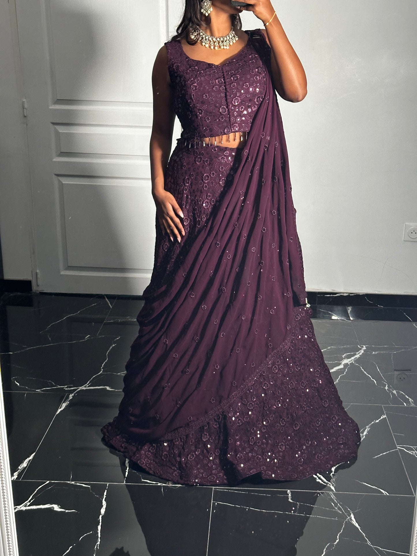 Lehenga prune brodé