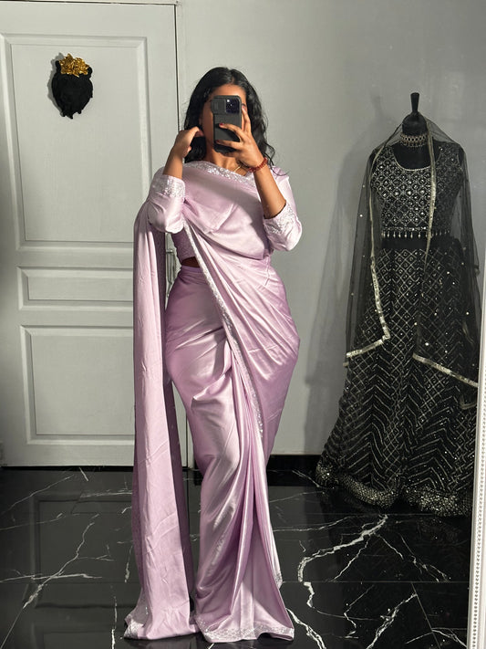 One minute Satin saree lilas