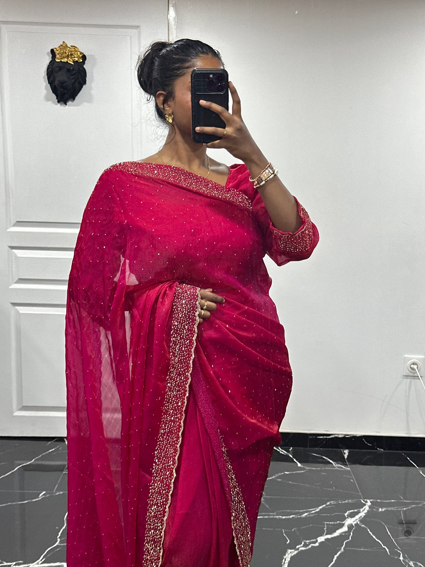 One minute saree rose fushia motif or
