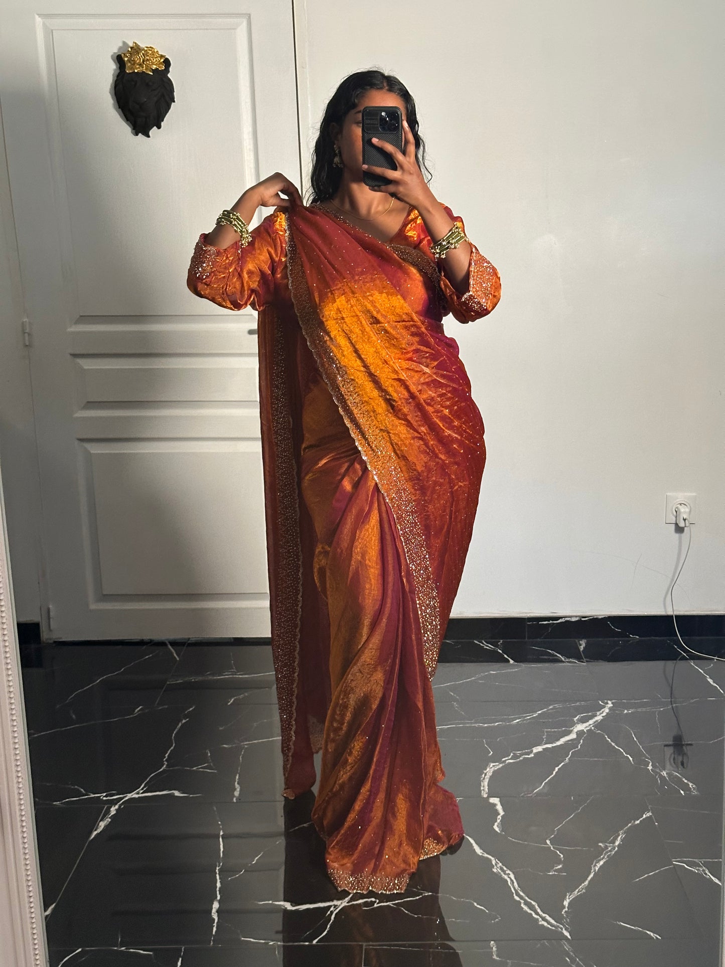 One minute saree orange reflet violet
