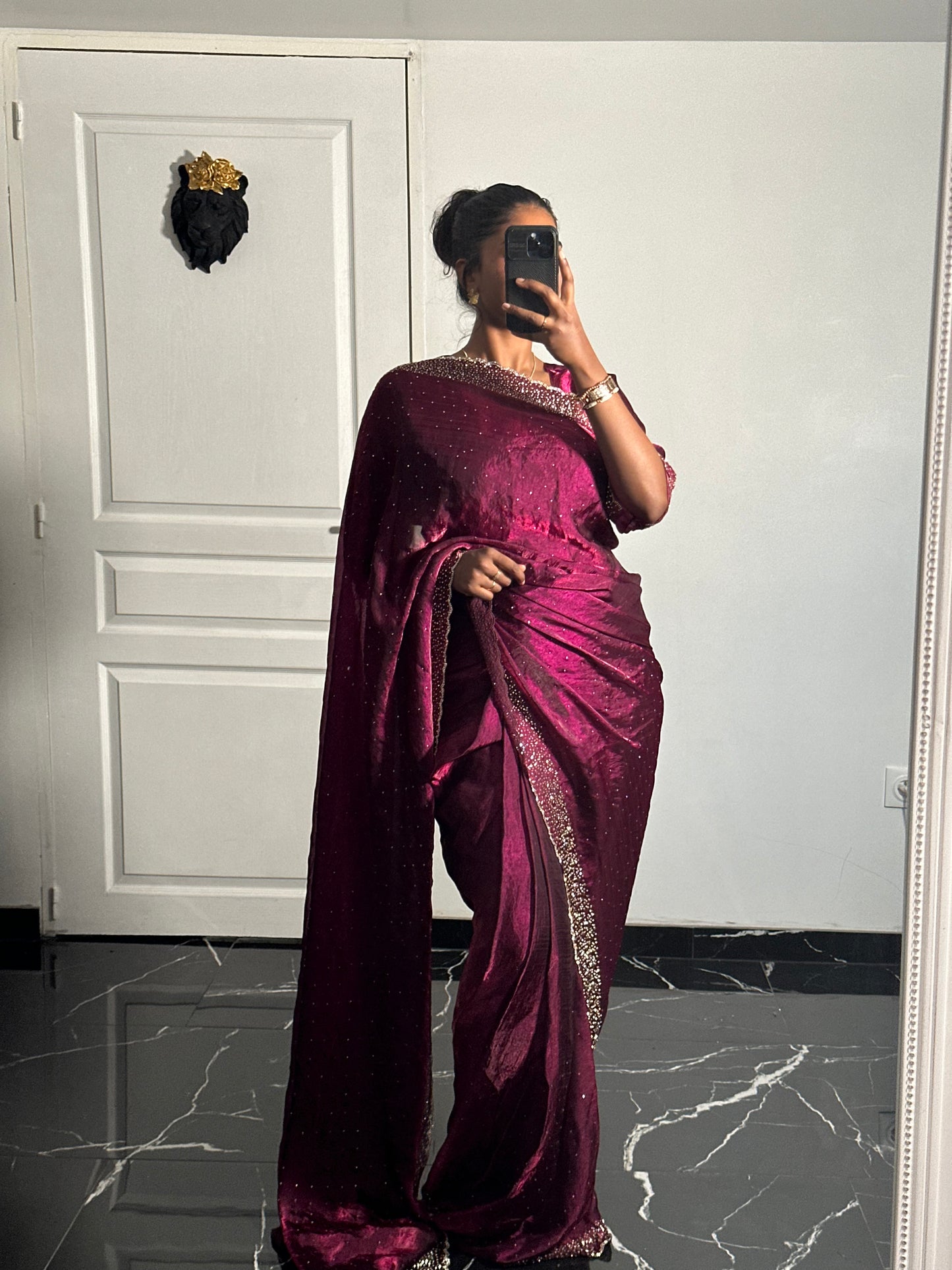 One minute saree bordeaux motif or