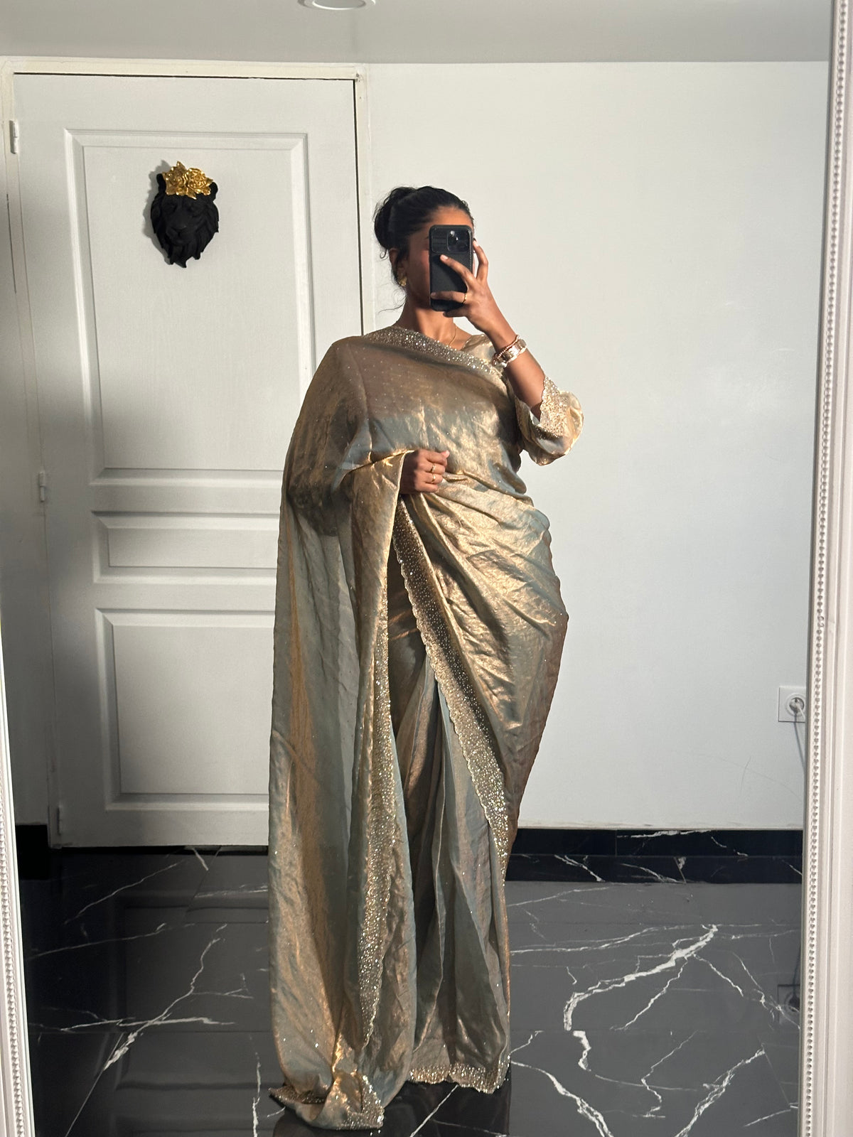One minute saree gris à reflet cuivre