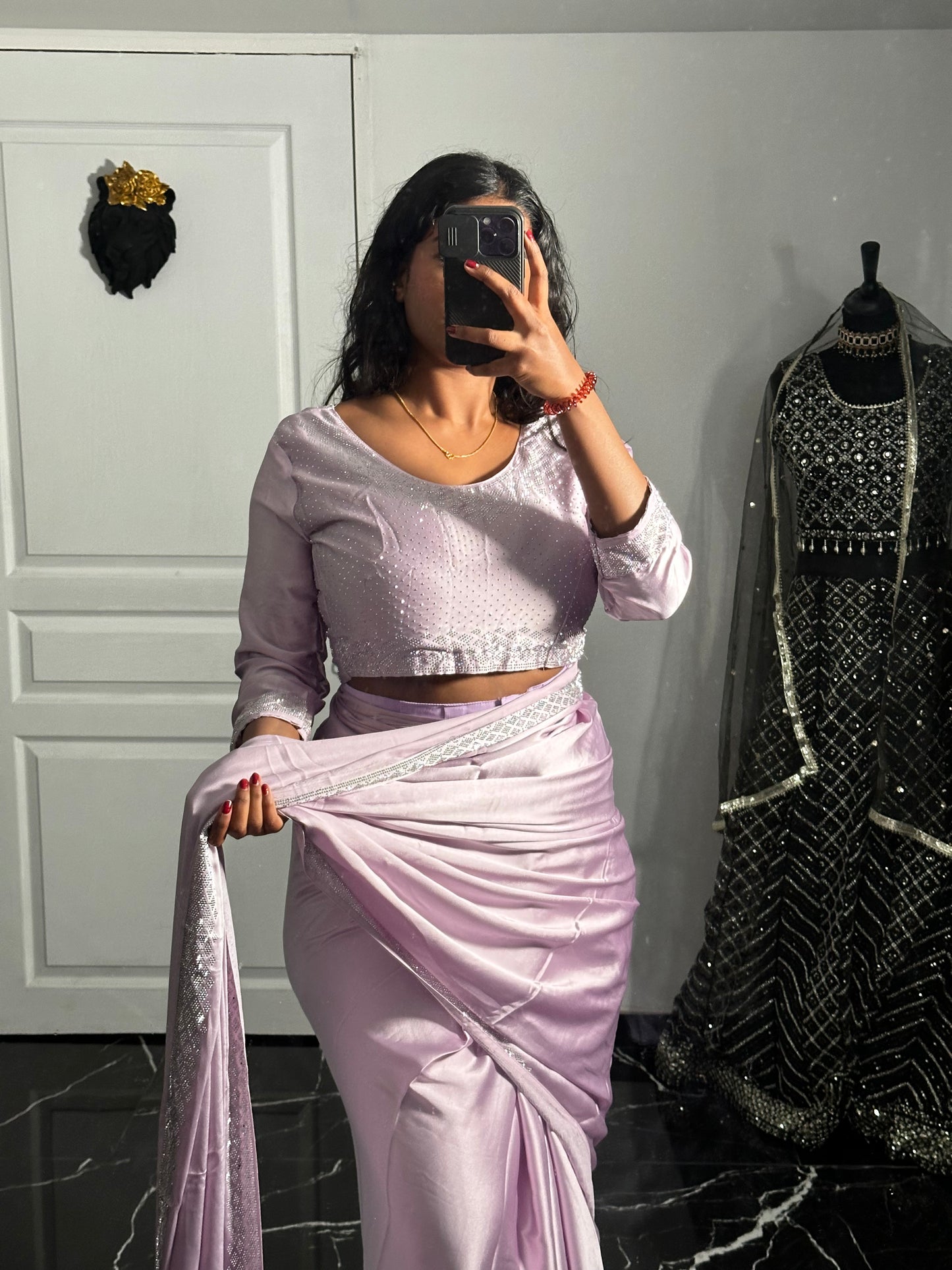 One minute Satin saree lilas