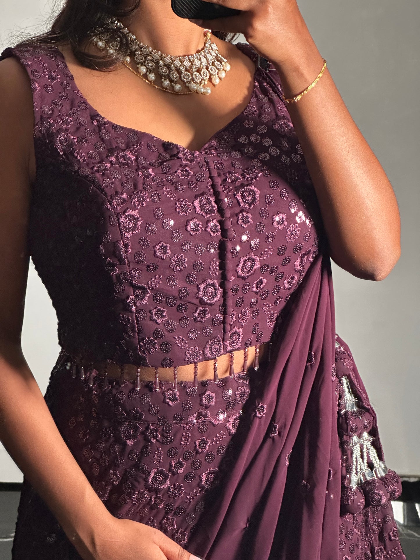 Lehenga prune brodé