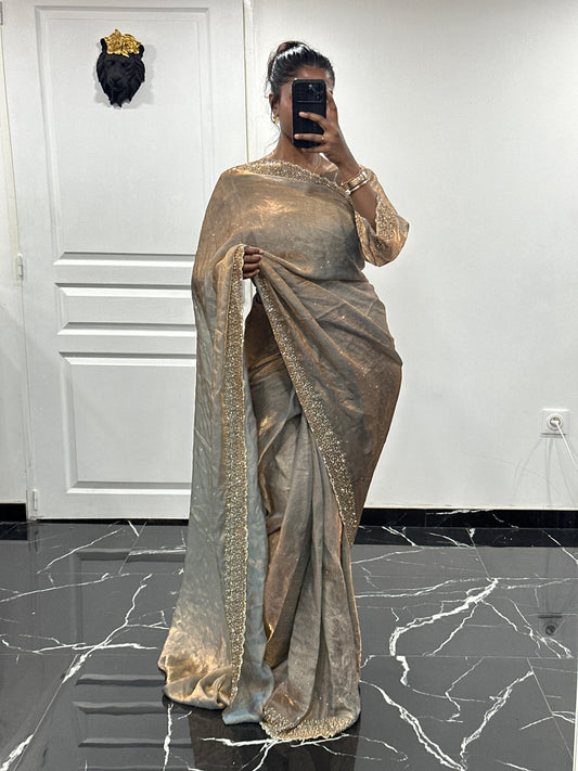 One minute saree gris à reflet cuivre