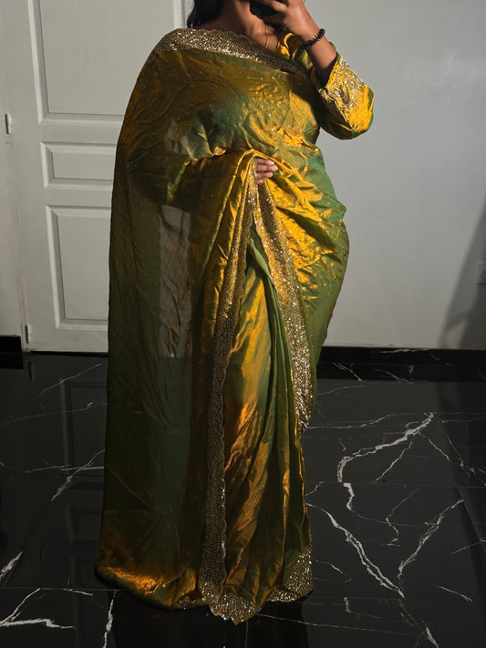 One minute saree vert reflet or