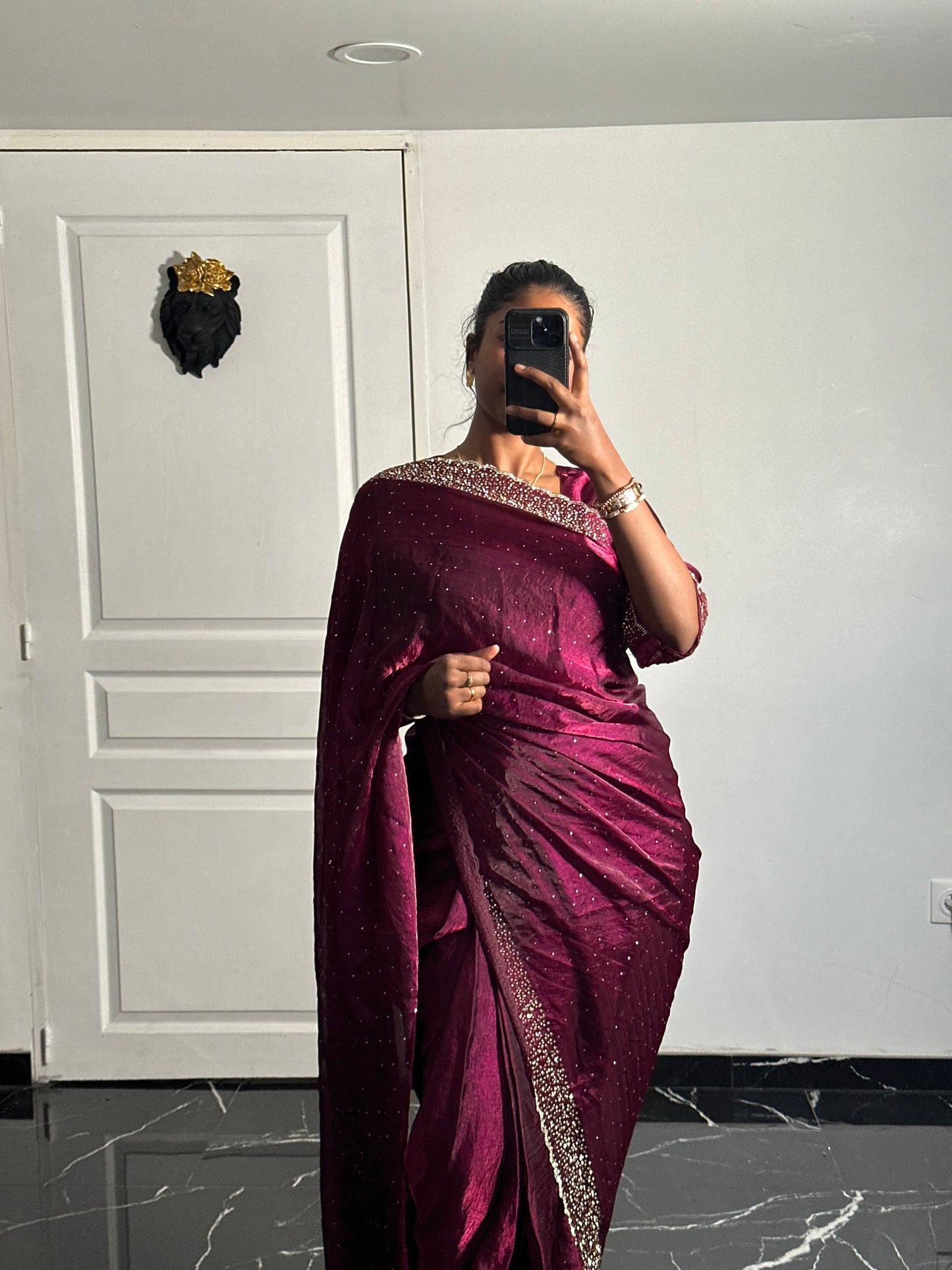 One minute saree bordeaux motif or