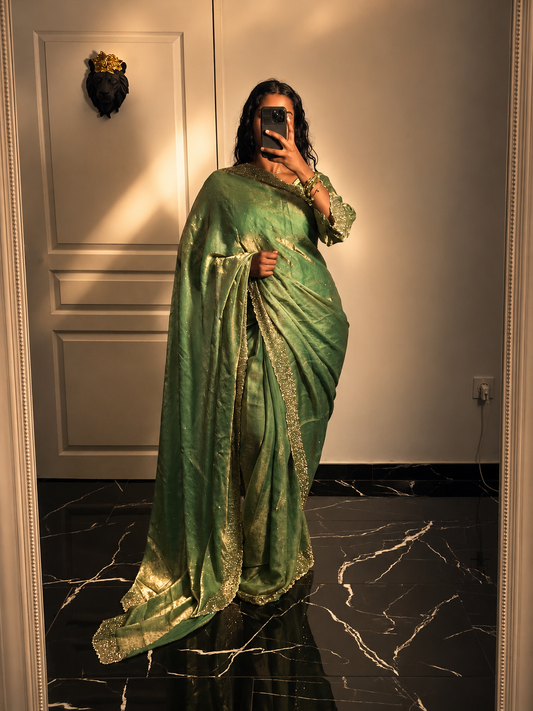 One minute saree vert jade à reflet