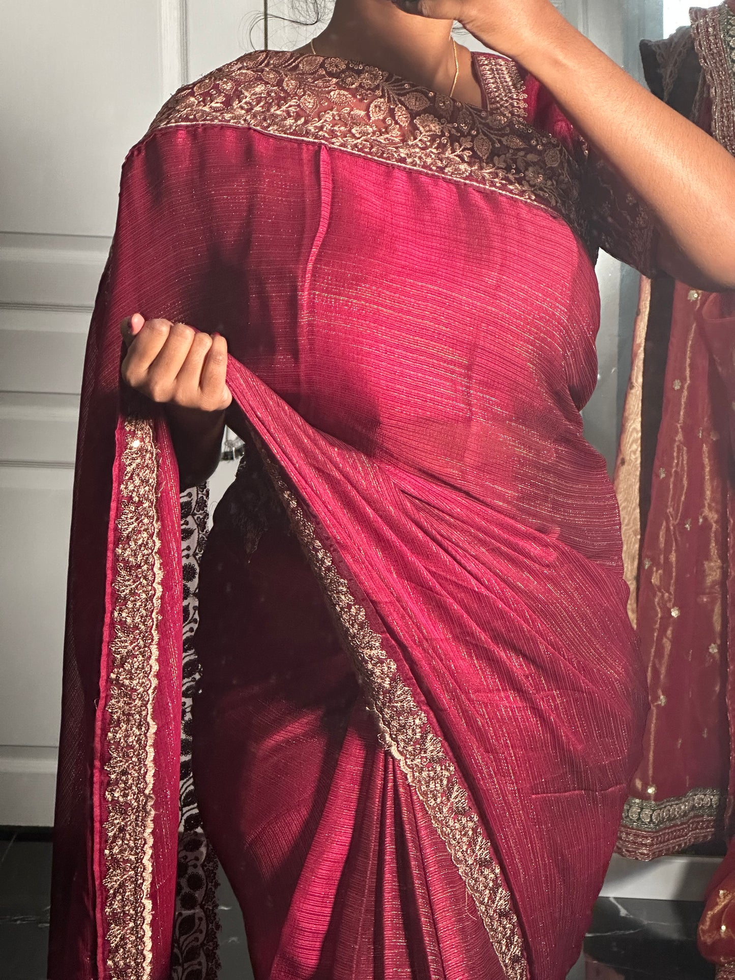 Bordeaux gold one minute saree