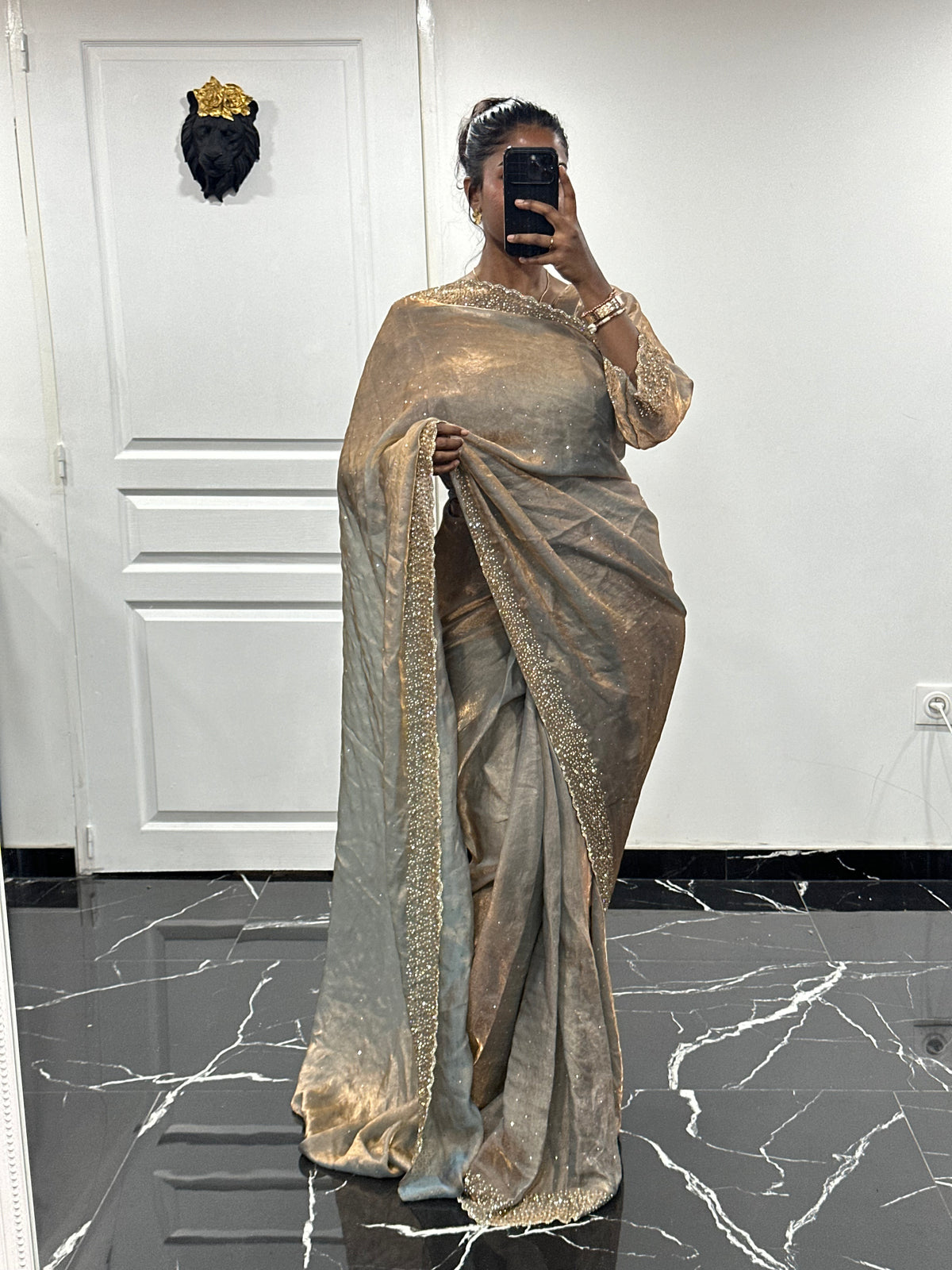 One minute saree gris à reflet cuivre