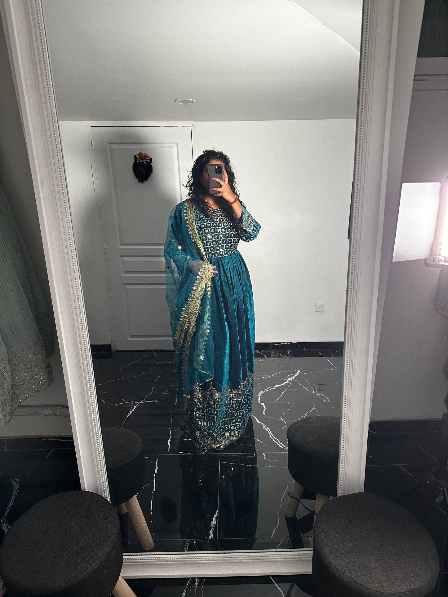 Salwar velour bleu turquoise