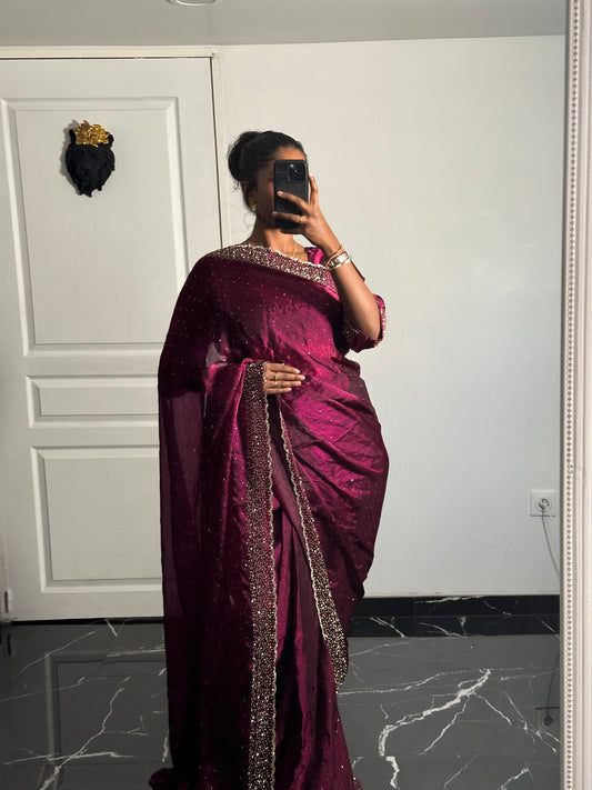 One minute saree bordeaux motif or