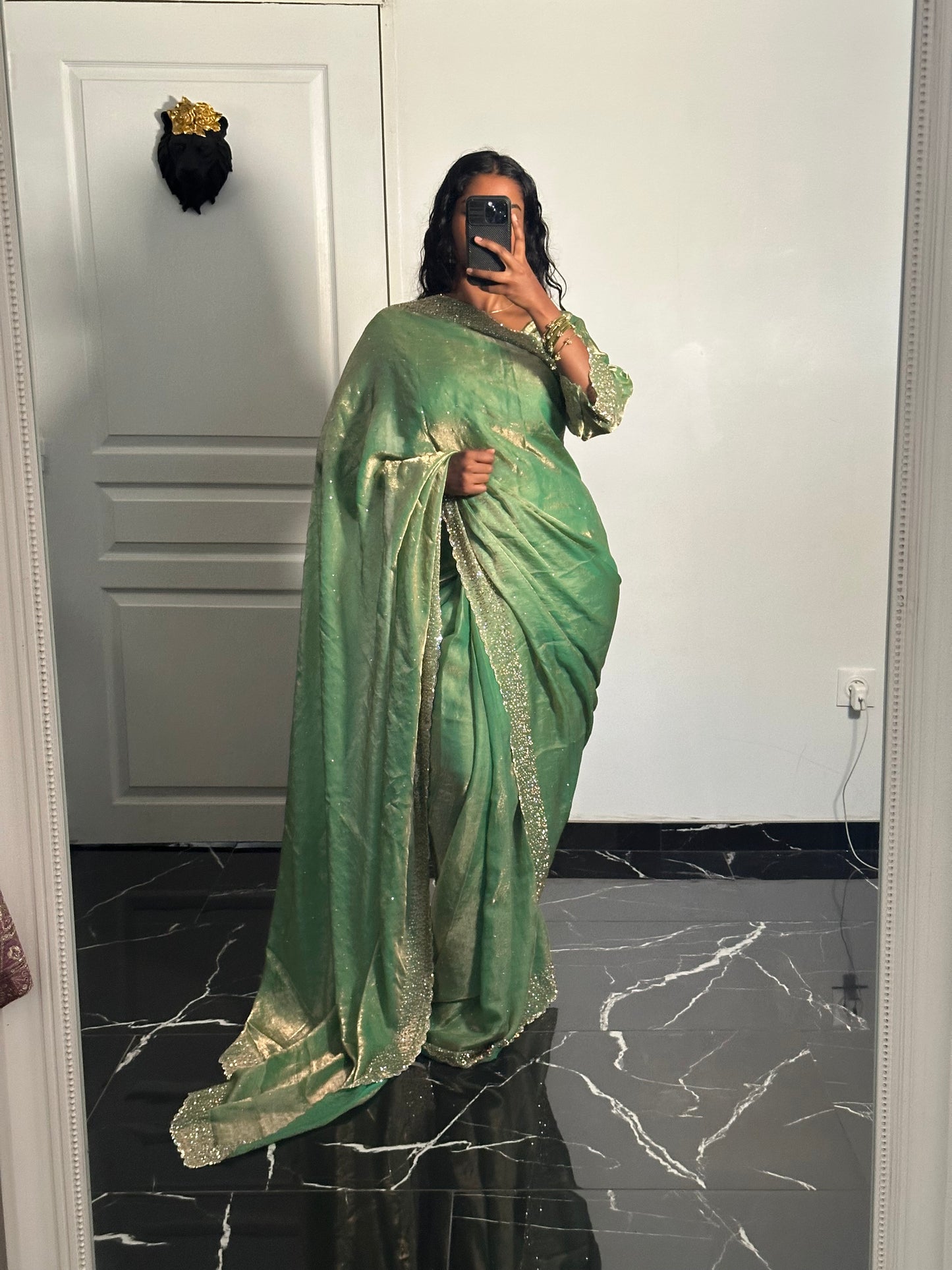 One minute saree vert jade à reflet