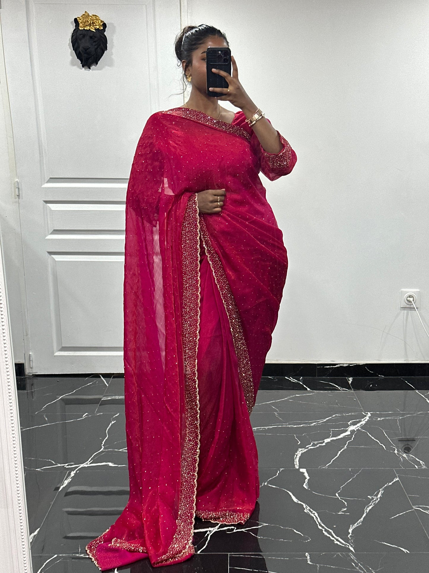 One minute saree rose fushia motif or