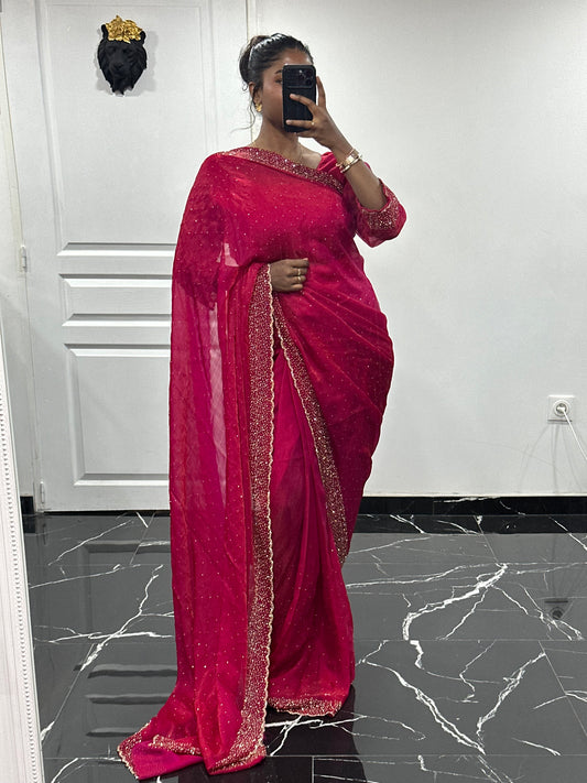 One minute saree rose fushia motif or
