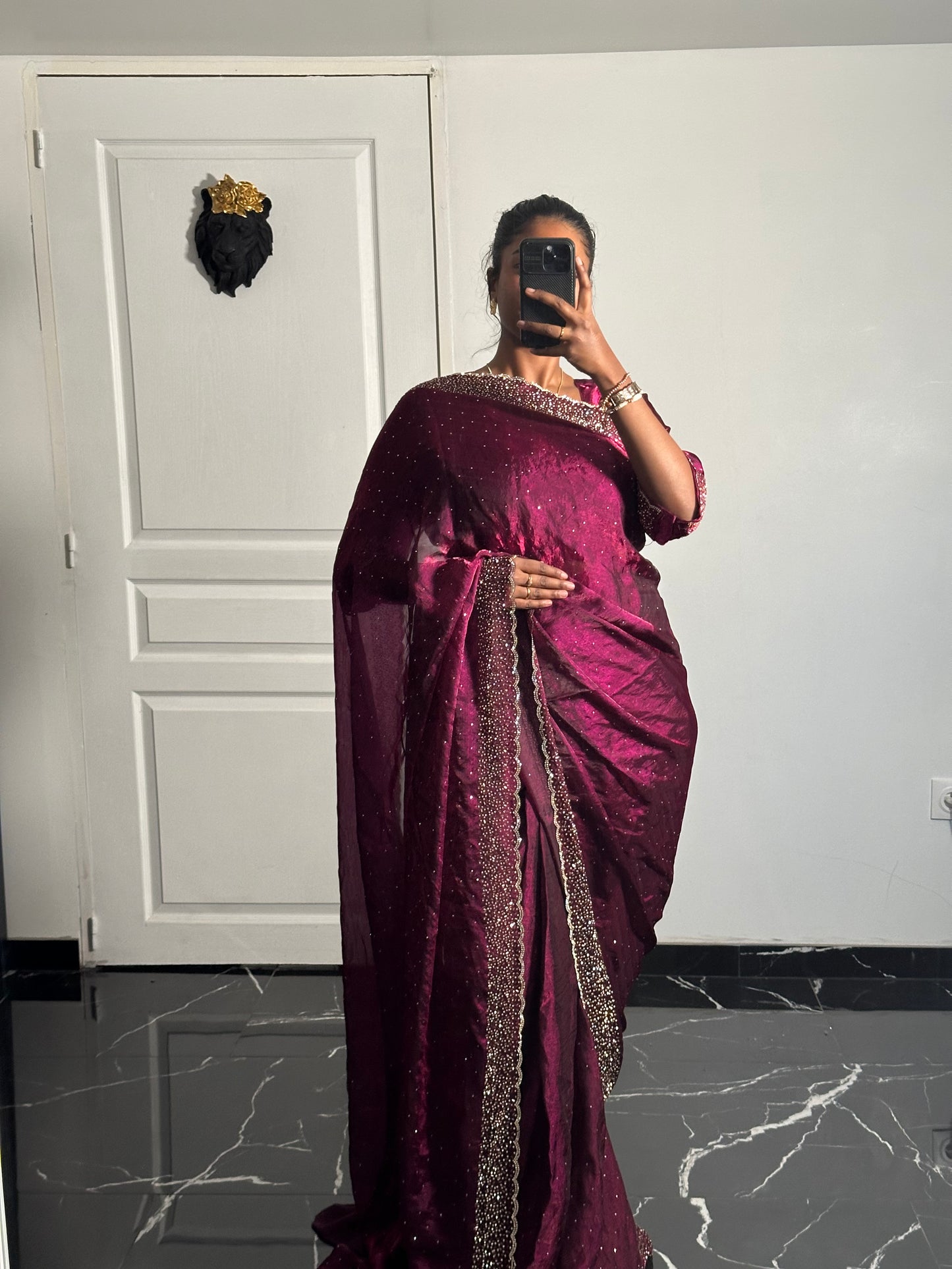 One minute saree bordeaux motif or