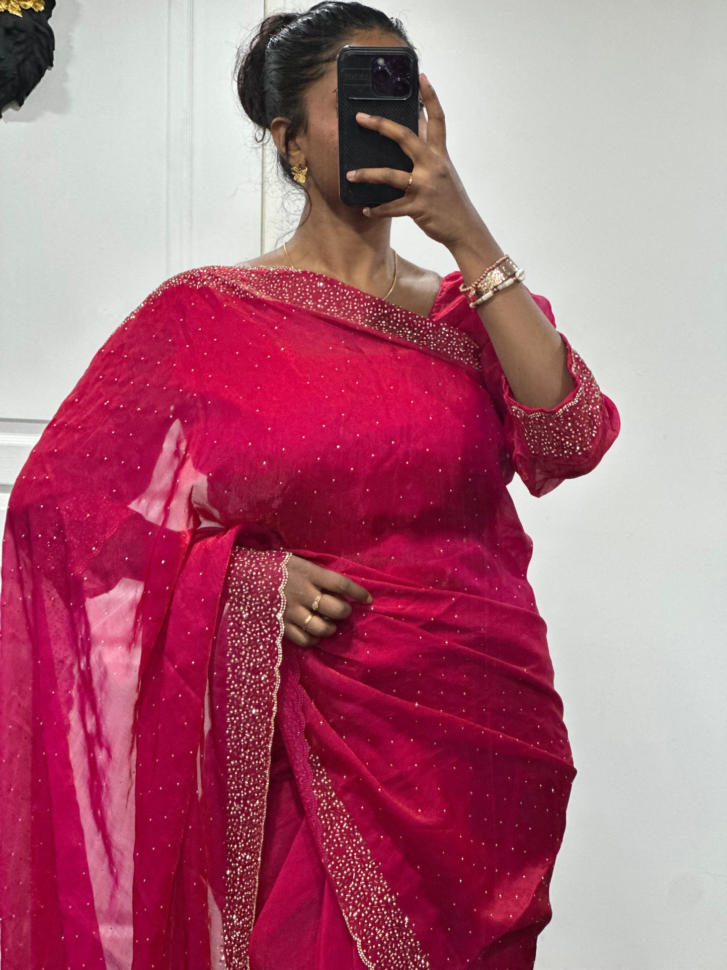 One minute saree rose fushia motif or