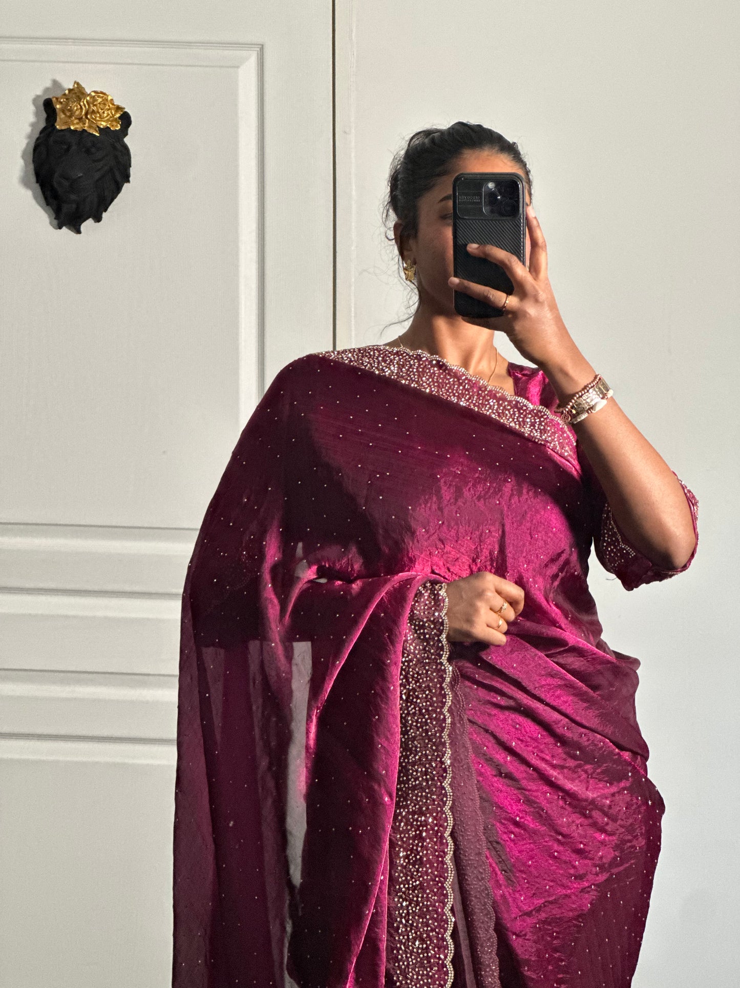 One minute saree bordeaux motif or
