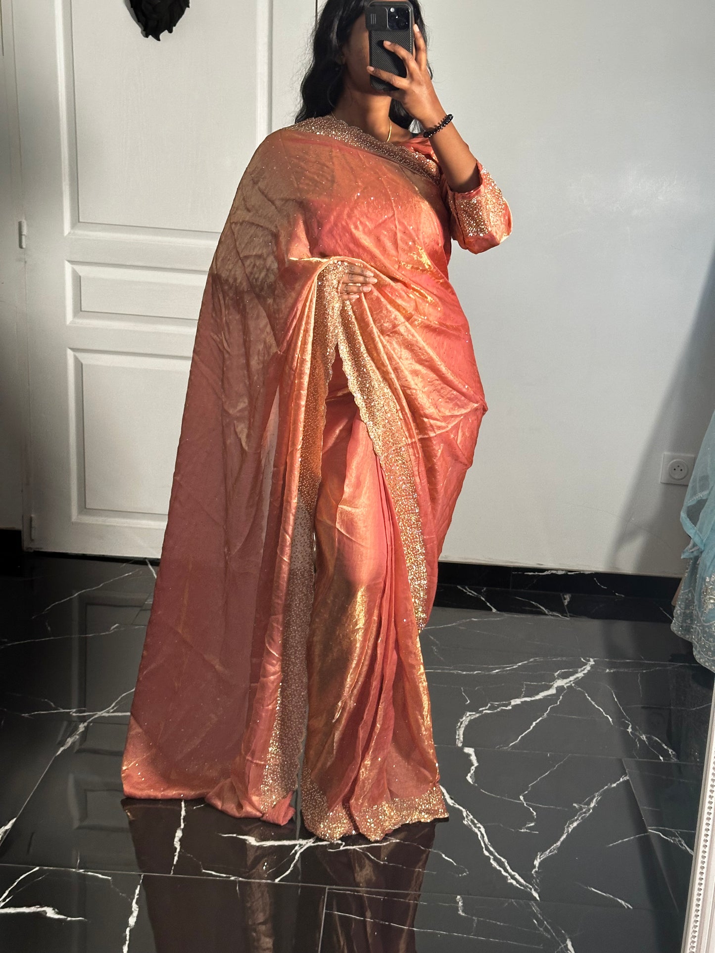 One minute saree saumon à reflets