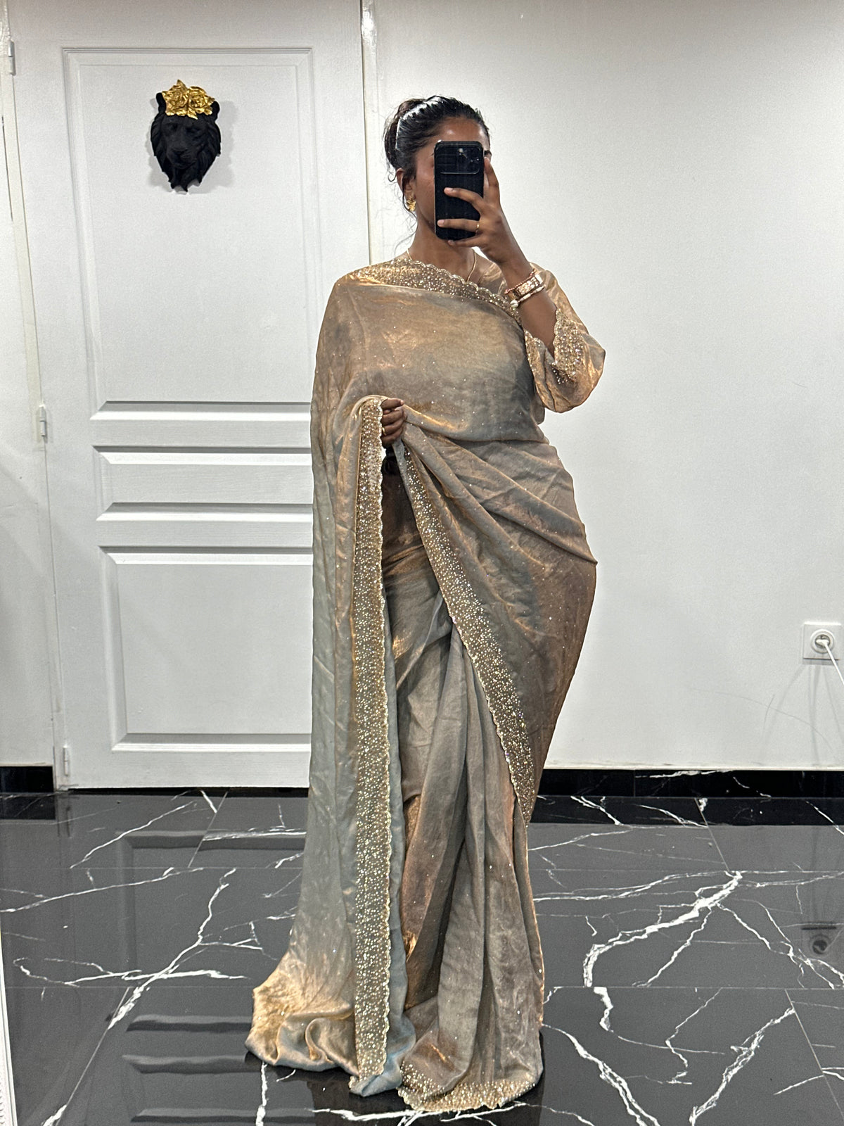 One minute saree gris à reflet cuivre