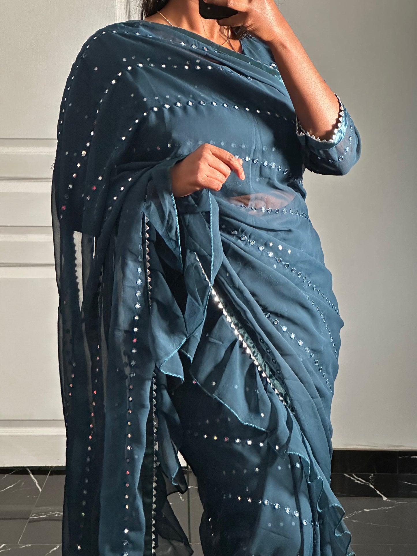 One minute Saree a volant bleu