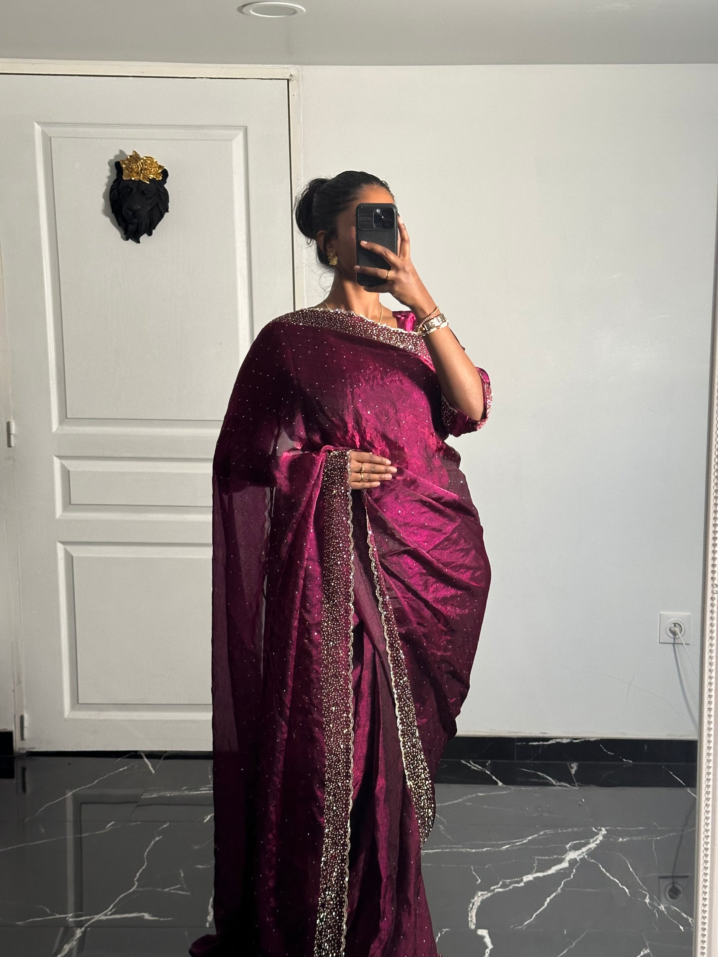 One minute saree bordeaux motif or