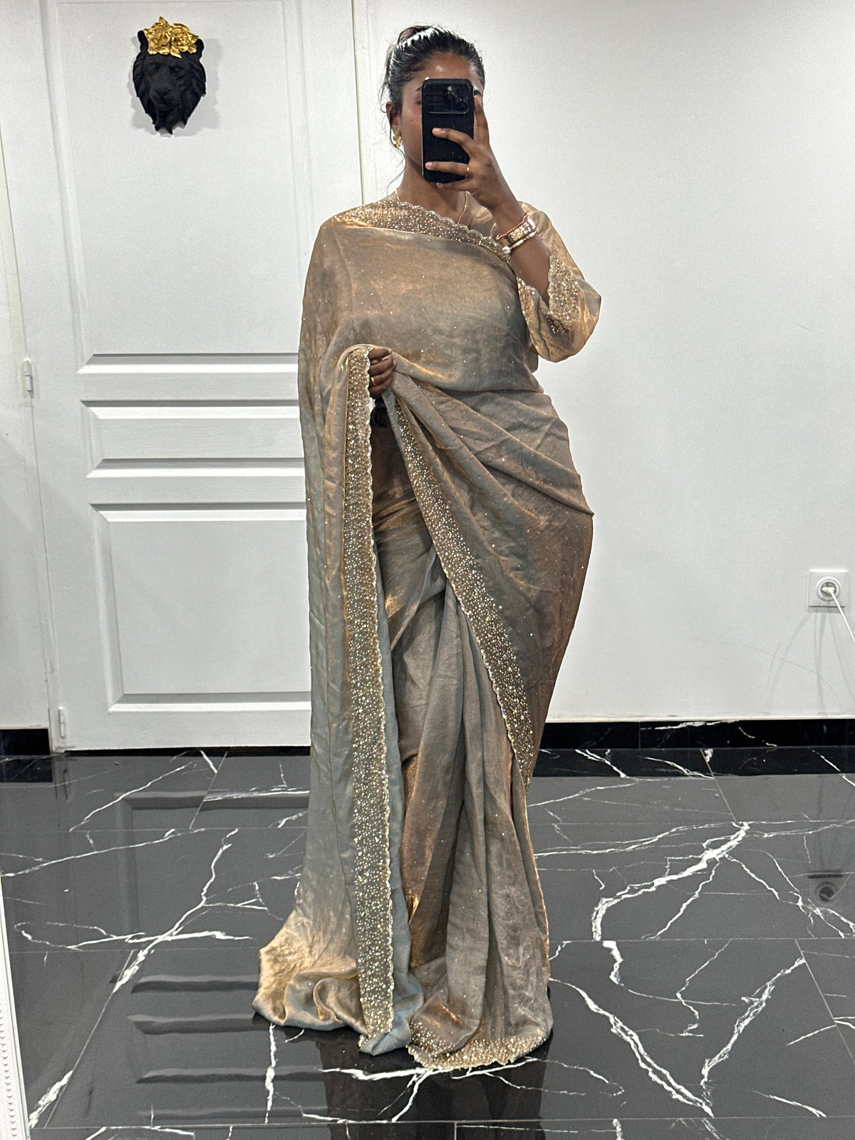 One minute saree gris à reflet cuivre