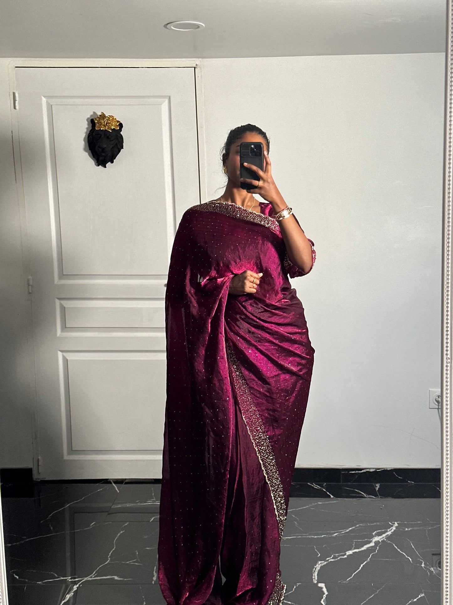 One minute saree bordeaux motif or