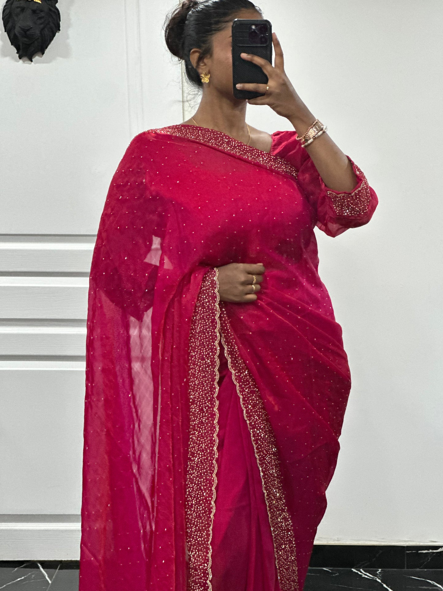 One minute saree rose fushia motif or