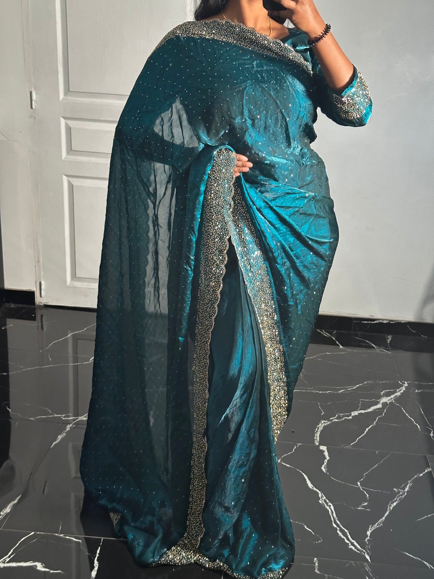 One minute saree bleu à reflets