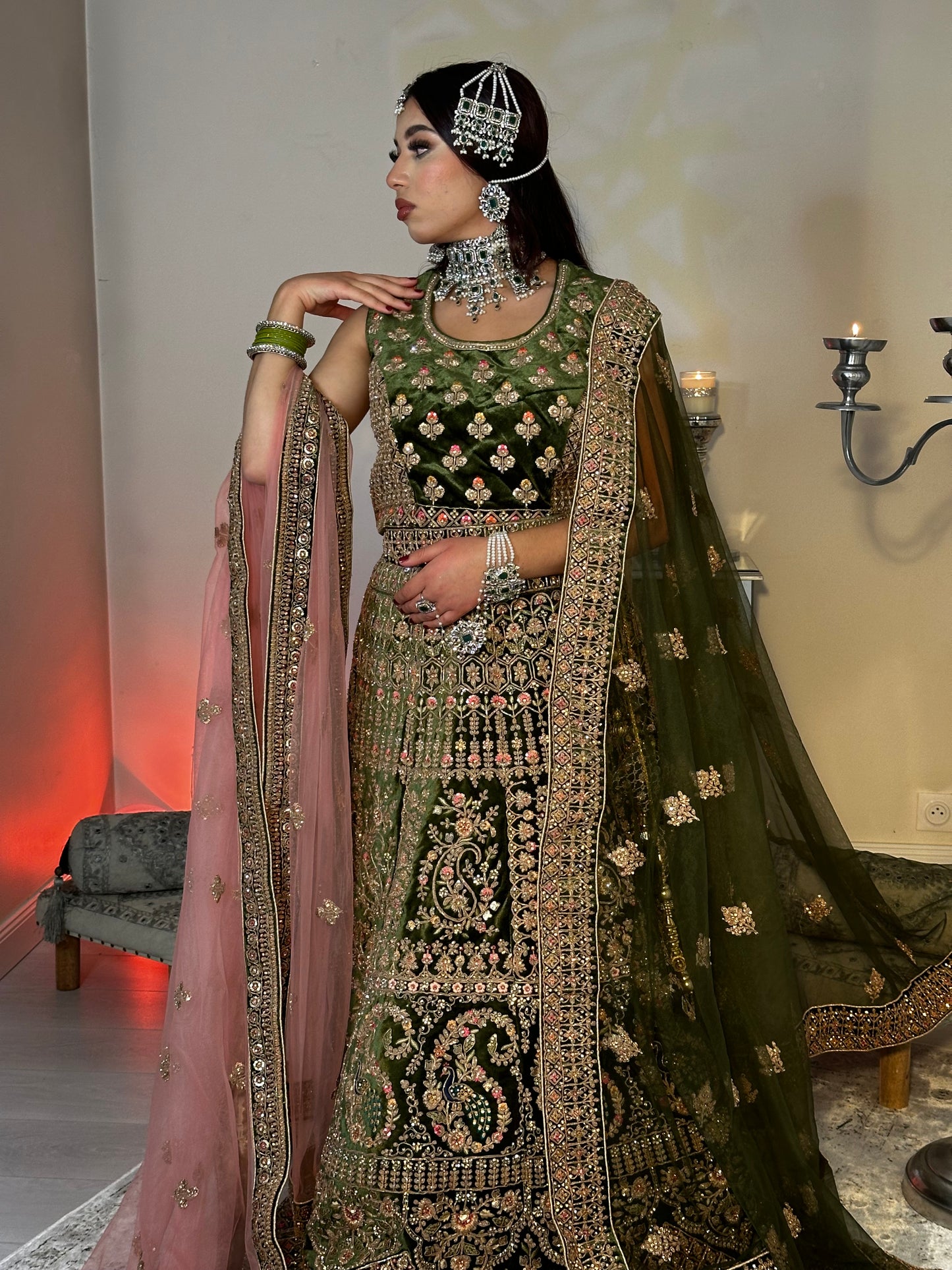 Bridal lehenga vert olive