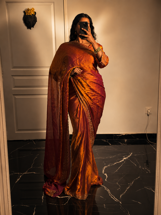 One minute saree orange reflet violet