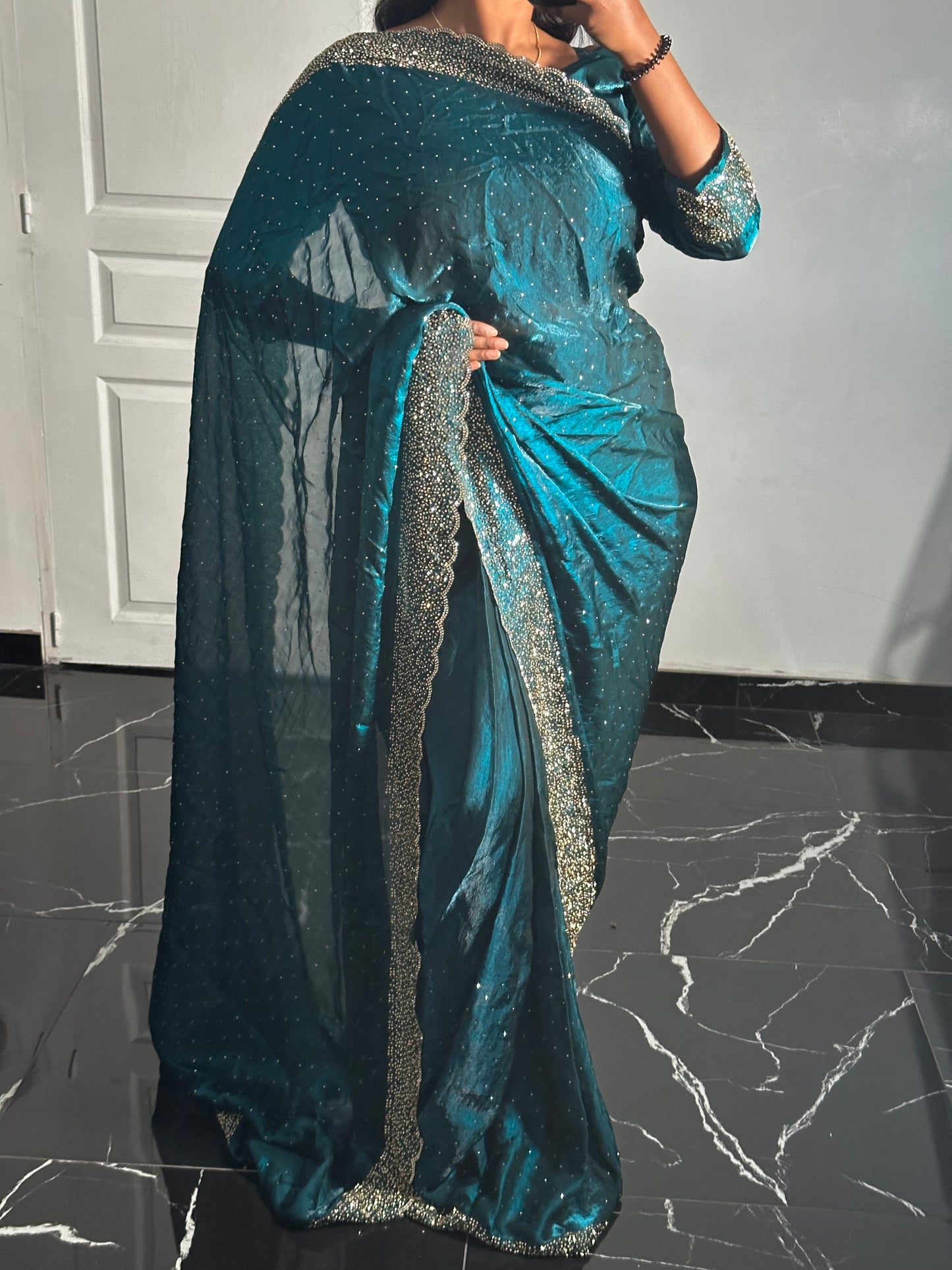 One minute saree bleu à reflets