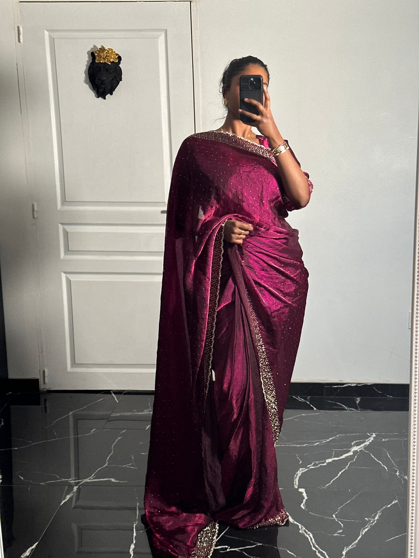 One minute saree bordeaux motif or