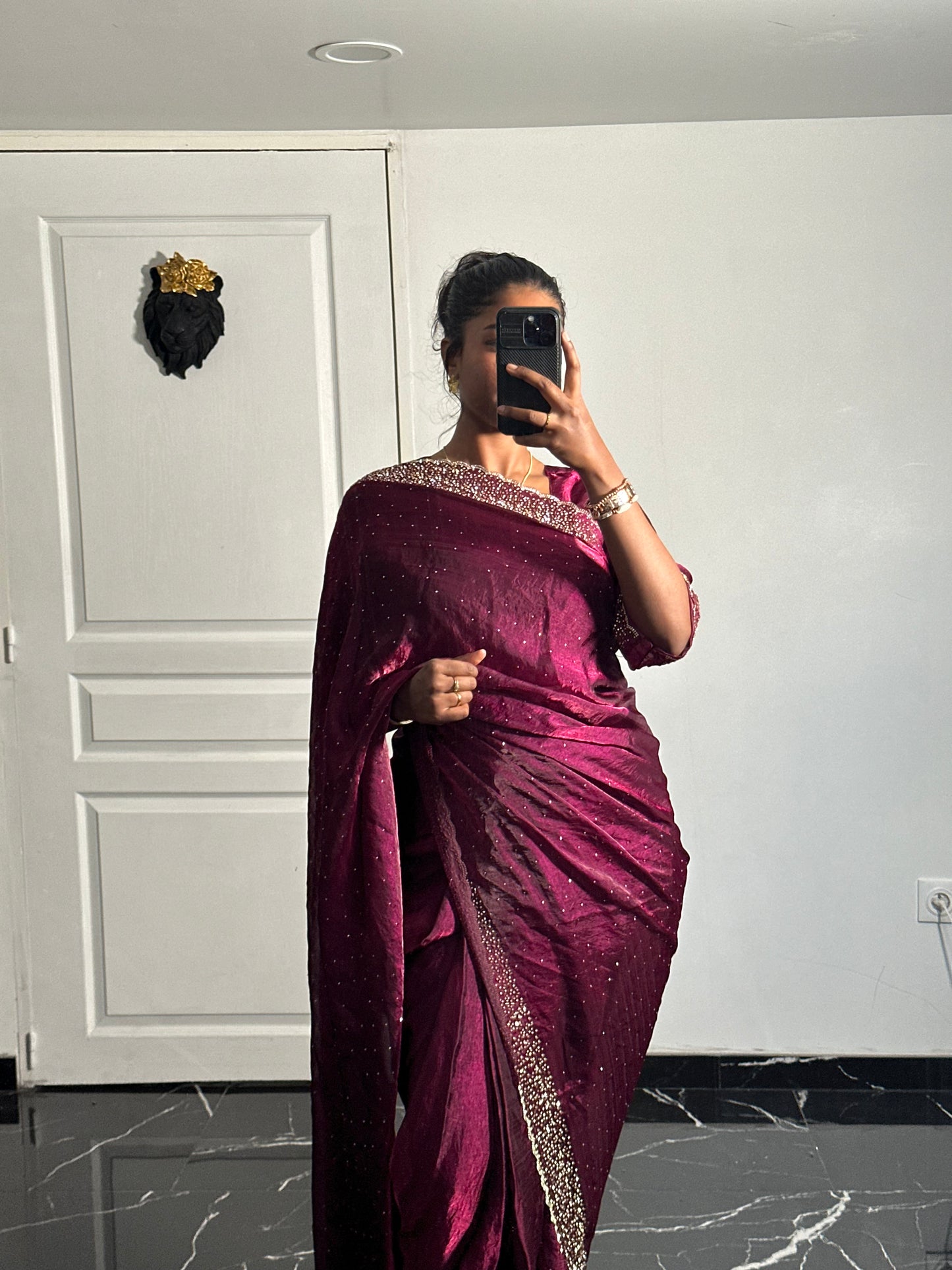 One minute saree bordeaux motif or