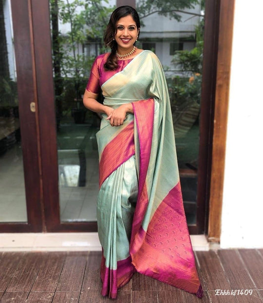 Soft silk saree bleu et rose